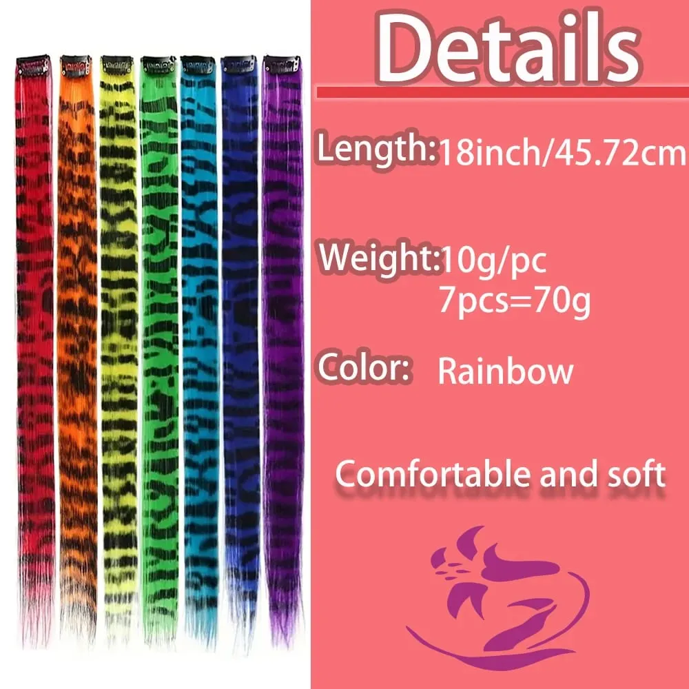 18 '7 ชิ้น Rainbow ยาวตรง Zebra พิมพ์สังเคราะห์ Feather คลิปในส่วนขยายของผมสำหรับผู้หญิงเหมาะสำหรับวันฮาโลวีนคริสต์มาส — image 5