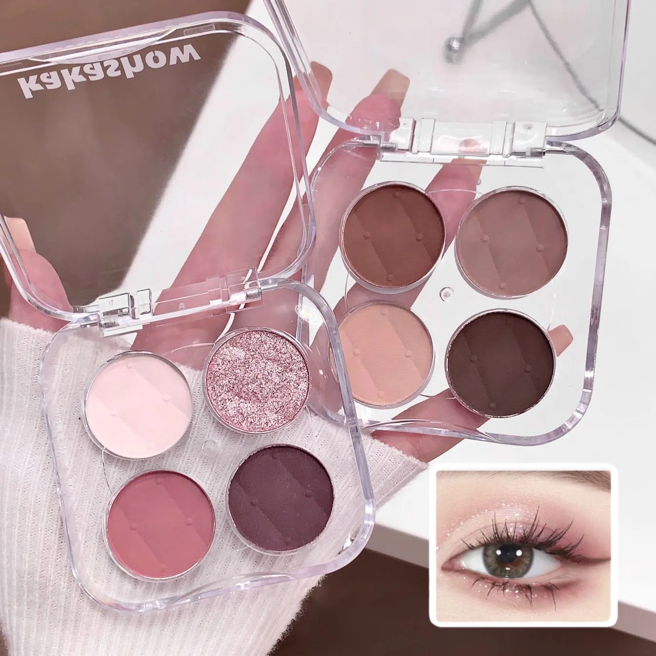 4 Color Eyeshadow Palette Shiny Peach Pink Eye Shadow Matte Milk Tea Eyes Makeup Palette Waterproof Glitter Shimmer Eye Cosmetic — image 3