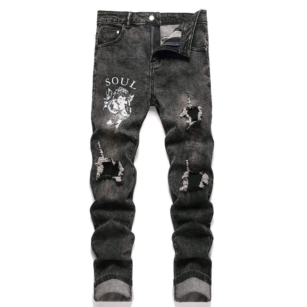 Men Angle Printed Denim Jeans Streetwear Patch Holes Ripped Pants Black Stretch Cotton Slim Straight Trousers — image 9