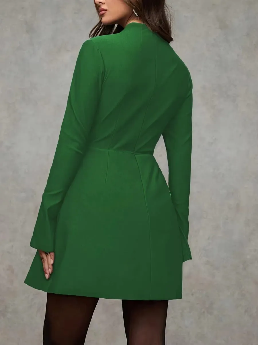 فستان قصير بأكمام طويلة وفتحة رقبة وهمية سادة للنساء لعام 2026 بتصميم جيب على شكل حرف a أنيق لحفلات العمل فستان قصير — image 3