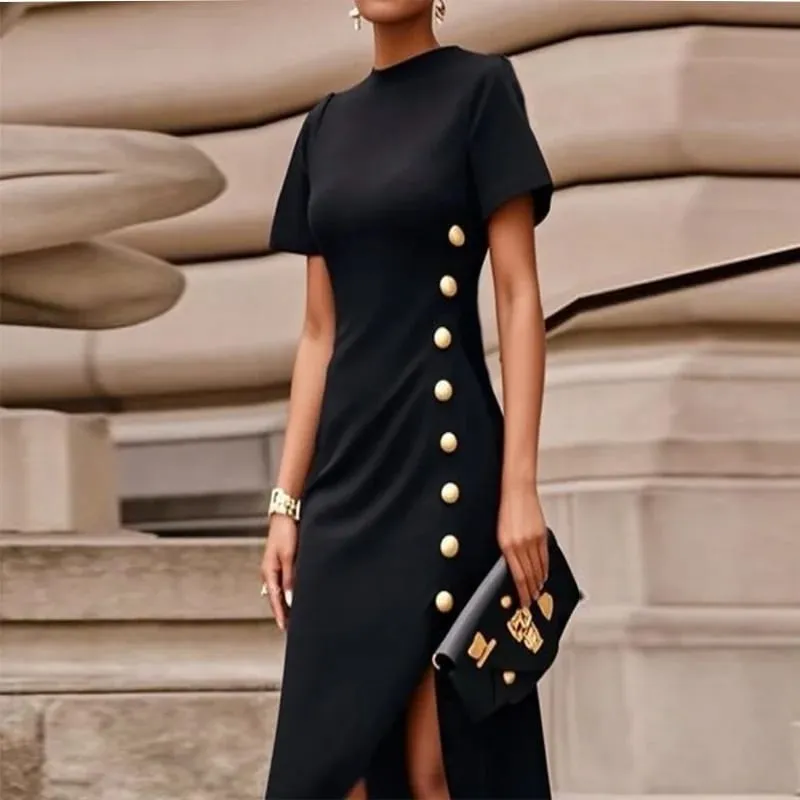 Modigirl Wedding Black Dresses for Women Gold Button Clothes Asymmetrical 2025 Summer Woman Short Sleeves Party Maxi Dresses — image 2