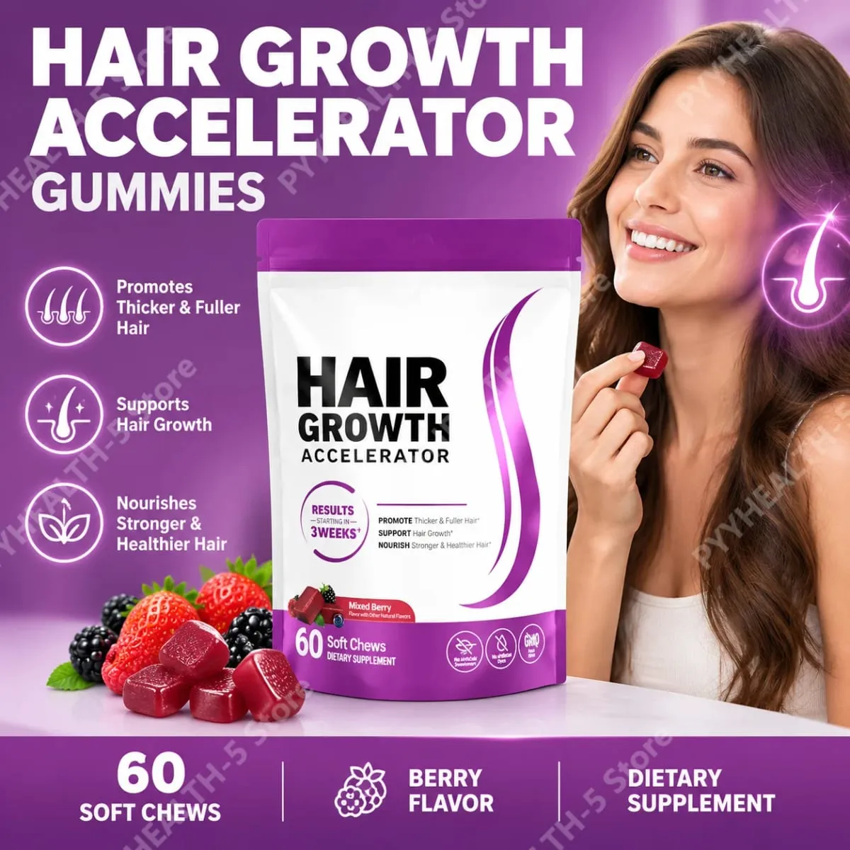 Biotine – supplément à mâcher doux pour la croissance des cheveux, soutient des cheveux plus épais, vitamine C et E pour une alimentation saine des cheveux, 60 gommes — image 1
