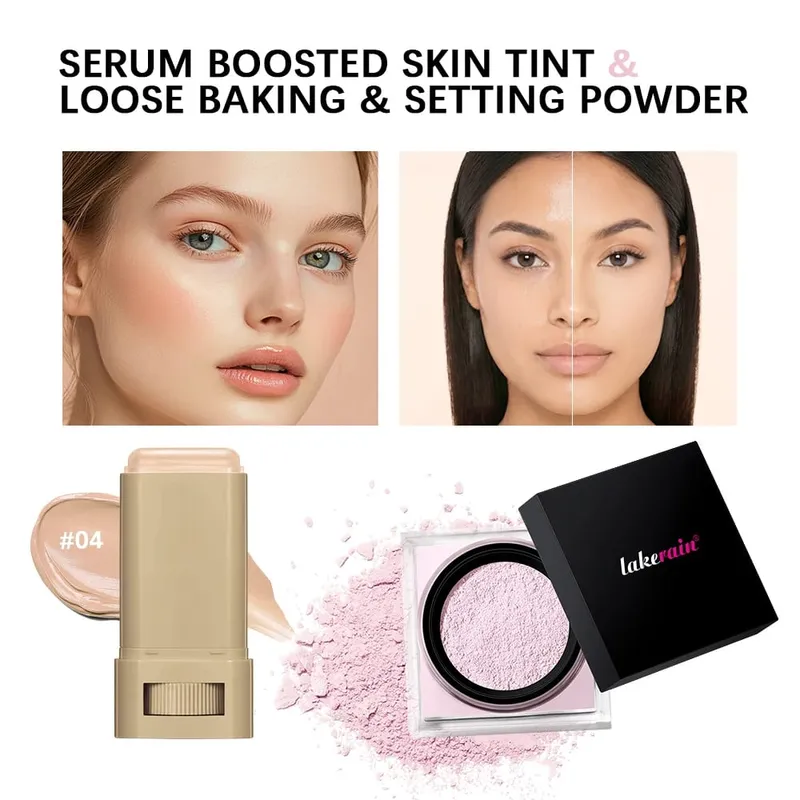 2pcs Foundation Tint Stick & Setting Powder Kit Kosmetik Liputan Kulit Sekata Kawalan Minyak Tahan Lama Kit Makeup Matte