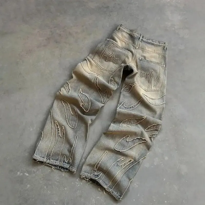 Jean à jambes larges en Denim noir, Streetwear, avec lettres surdimensionnées brodées et jean Baggy en détresse, pantalon gothique Hip Hop — image 9