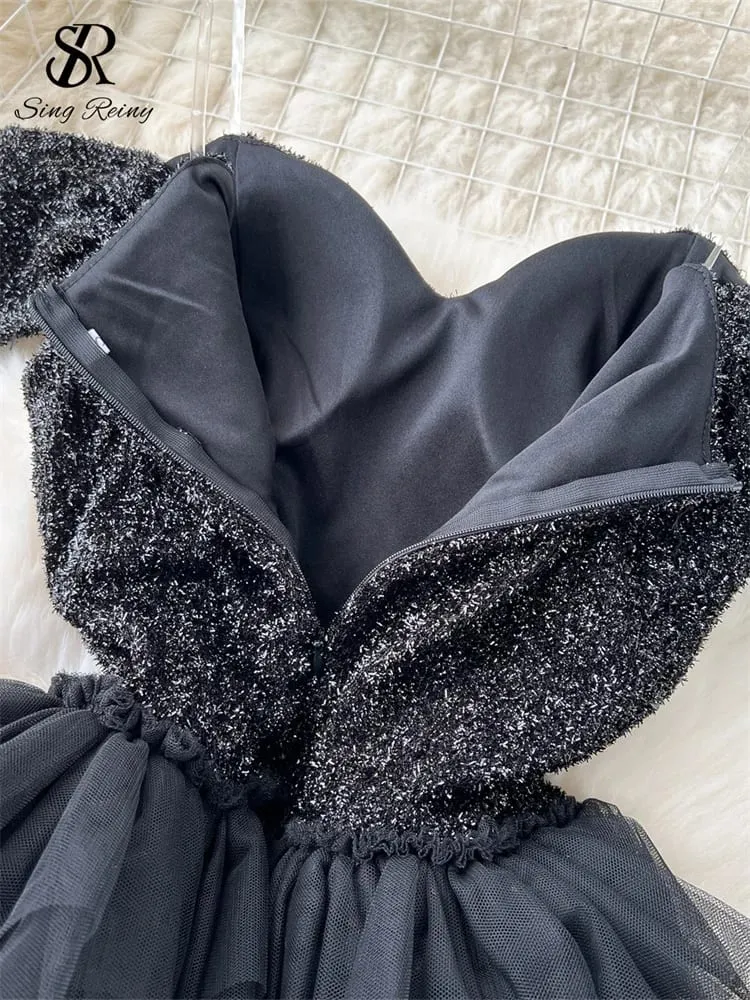 Abito da torta di alta qualità Cinturino alla moda con paillettes Pachwork Design a rete Donna Temperamento senza maniche Autunno Abito lungo lucido — image 5