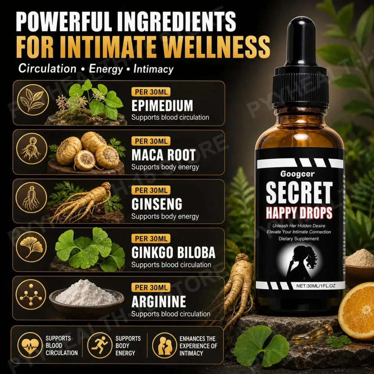 Googeer Secret Happy Drops Orale Tropfen, Kräuter-Epimedium, Maca-Wurzel, Ginseng, Ginkgo Biloba, unterstützen die Durchblutung, Intimität, 30 ml — image 5