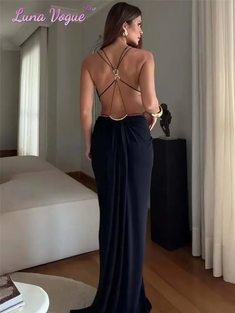 Gaun Maxi Tanpa Lengan Bertali Spaghetti Warna Pepejal Wanita Potongan V Dalam Seksi Pinggang Gaun Malam Ruched Pakaian Pesta Musim Panas Elegan — image 4