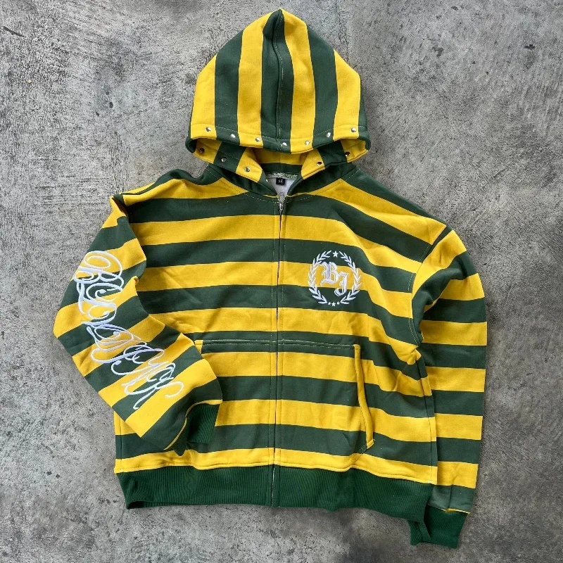 Y2K Street Kid Zip Up Hoodie Stripe Rivet Embroidery Pattern Sweatshirt New Men Hip Hop Fashion Streetwear Unisex Boxy Clothing — image 2