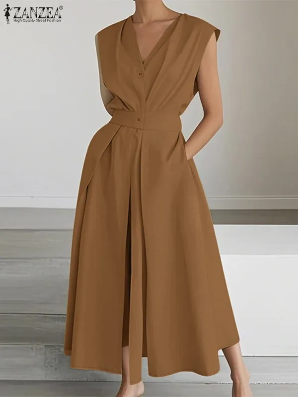 Elegant Chic ผู้หญิงชุดยาวลำลองแขนสั้นคอเอวสูง Casual & Day เสื้อชุดสีทึบ S-3XL — image 18