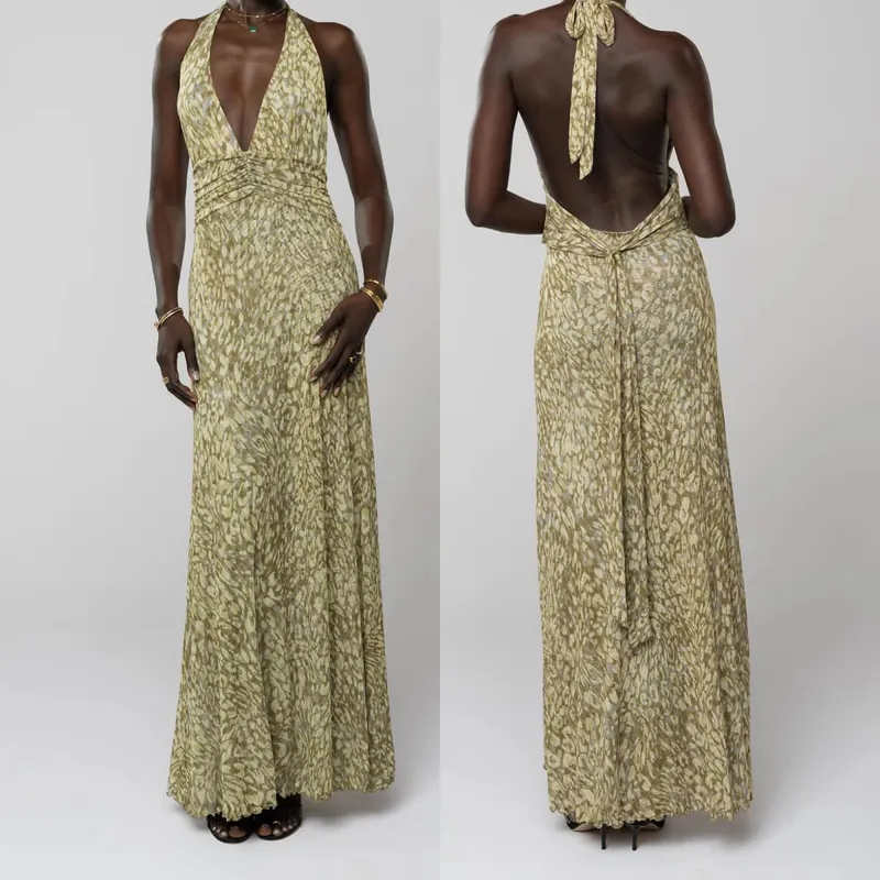 Combhasaki Robe longue d'été sans manches pour femme, col en v profond, dos nu, imprimé fleurs/points, ourlet à volants, maille froncée, ligne a — image 10