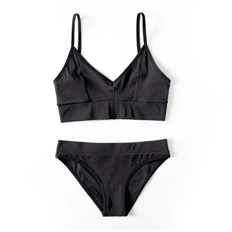 Women's Ribbed Wireless Bralette Set Solid Color Thin Strap Camisole Bra and Triangle Briefs Lingerie — image 1