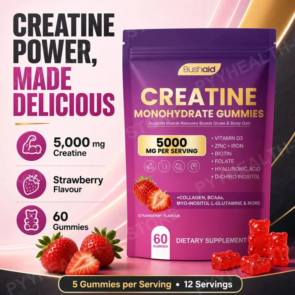 BushAid Creatine Monohydrate Gummies til post-workout muskelgendannelse med Multi-Collagen Blend BCAA og Zink 60 Gummies — image 2