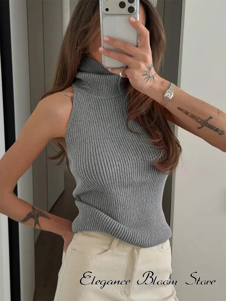 Débardeur sans manches en tricot de couleur unie pour femmes, col haut, dos nu, légèrement ajusté, gilet court, mode quotidienne minimale, tenue décontractée — image 2