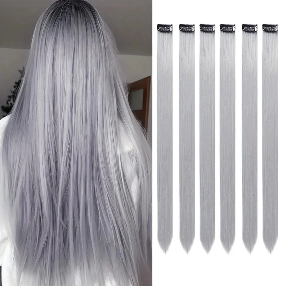 6 Stück/Packung, farbige Party-Highlights, Clip-in-Haarverlängerungen, 22 Zoll, mehrfarbig, glattes Haar, synthetische Haarteile — image 13