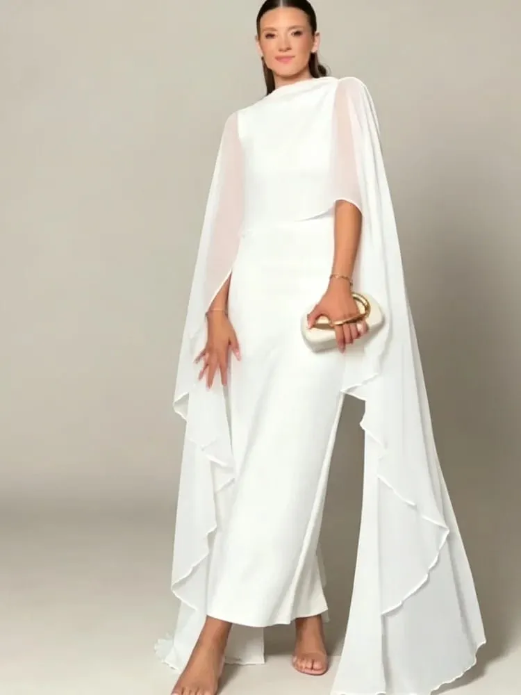Abito maxi con scollo tondo a mantella trasparente per donna, gonna aperta sul retro, design tinta unita, elegante abito da cerimonia formale da sera femminile — image 4