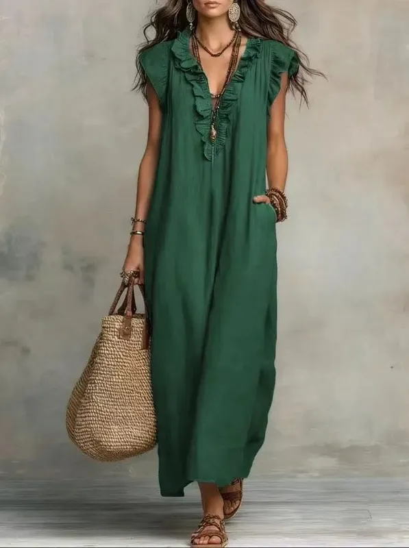 2026 Estate Donna Boho Cotone Lino Maxi Abito Tinta unita Ruffle Scollo a V Senza maniche Abiti lunghi larghi con tasche Casual Beach — image 14