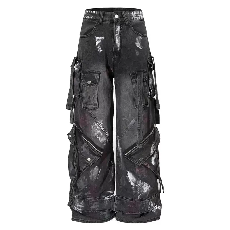 Seluar seret industri berat Y2K tahun 2000-an Gothic berbilang poket hip hop seluar jeans kaki lebar dicuci seluar jeans hitam lelaki dan wanita seluar jalanan