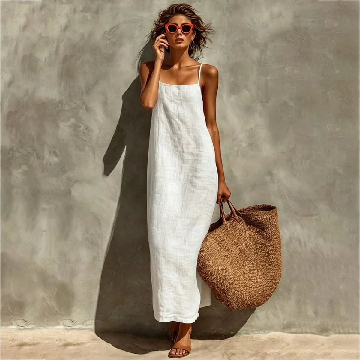 ฤดูร้อนผู้หญิงสีทึบสบายๆลื่น Sundress ทราย Beachwear แขนกุดหลวม Maxi ยาวชุดวันหยุด — image 1