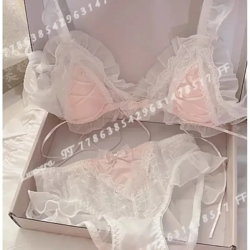 W stylu Lolita cienka koronkowa miseczka trójkątna biustonosz dla kobiet śliczny mały biust seksowna bielizna — image 6