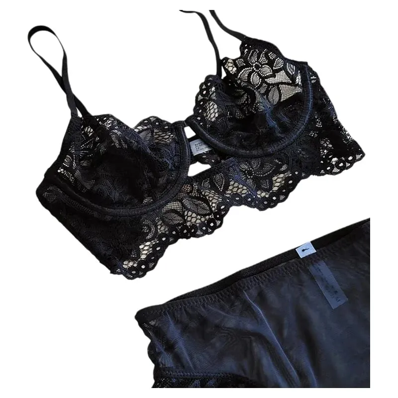 Set reggiseno e mutandine sexy Estate Primavera Vedi attraverso il set di lingerie in due pezzi con ferretto ricamato a caldo e sottile in maglia trasparente — image 2