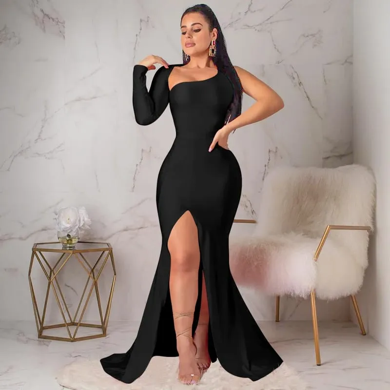 Spring Fall Longuette Long-sleeved Elastic Force Single Sleeve Slim Long Women's Dress — image 1