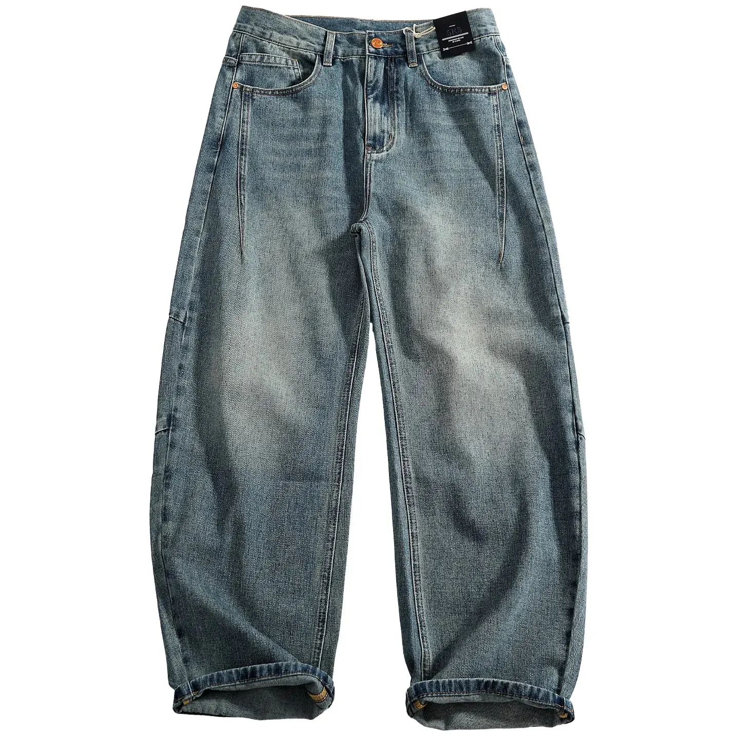 Retro distressed whiskering jeans til mænd tredimensionelle split silhuet brede ben løse denimbukser