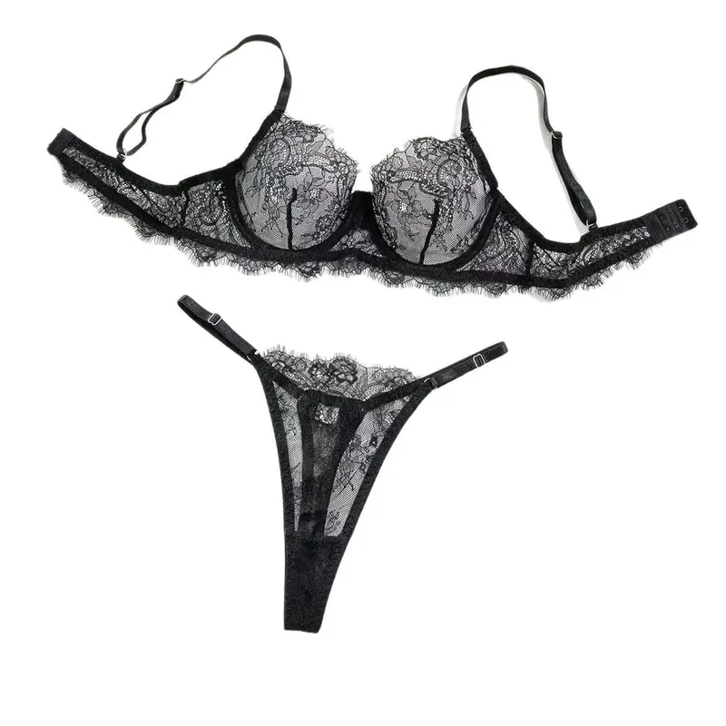Ensemble de Lingerie en dentelle transparente pour femmes, motif Floral, fines bretelles, sous-vêtements romantiques