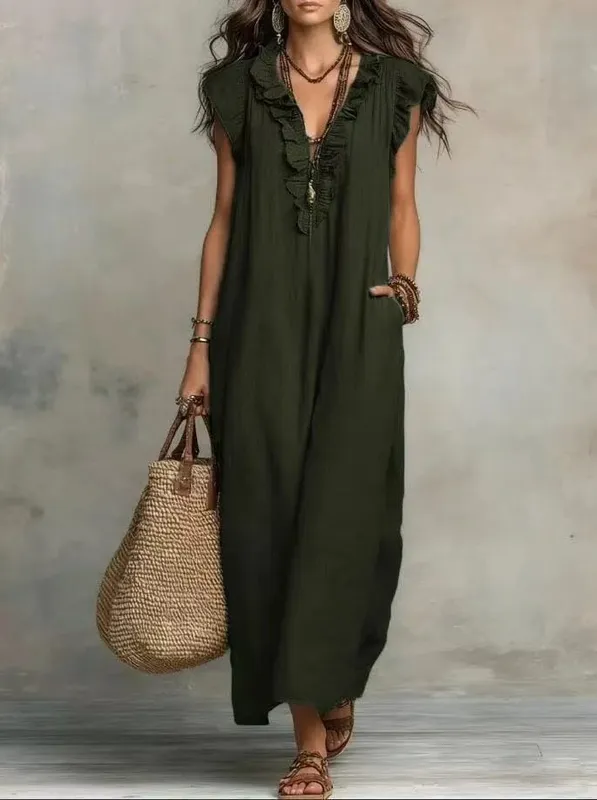 2026 Estate Donna Boho Cotone Lino Maxi Abito Tinta unita Ruffle Scollo a V Senza maniche Abiti lunghi larghi con tasche Casual Beach — image 9