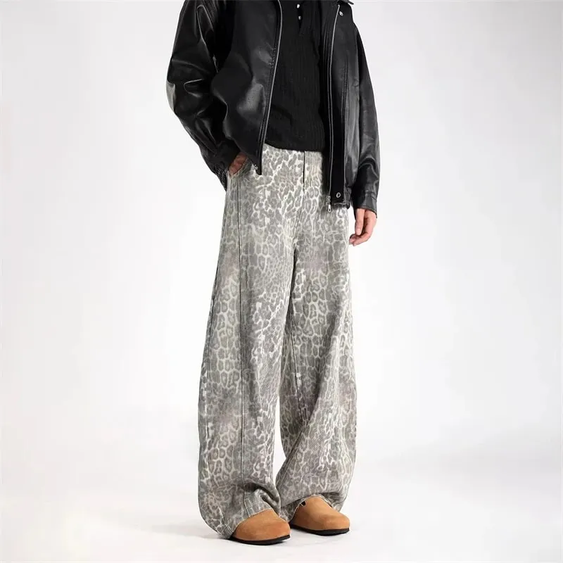 2026 neue Vintage Distressed Leopard Gedruckt Y2K Jeans Männer High Street Baggy Gebogene Denim Hosen Hip Hop Mode Punk jean — image 3
