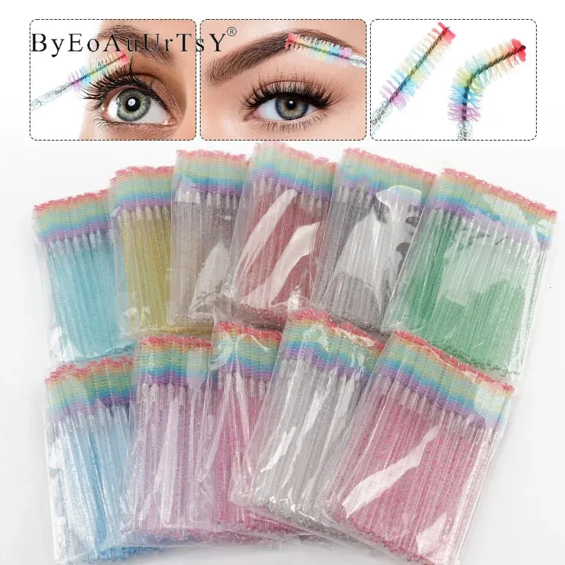 50pcs Berus Bulu Mata Kristal Boleh Pakai Sambungan Bulu Mata Berus Makeup Tongkat Maskara Aplikator Sikat Kening Berus Mikro Pelangi — image 1