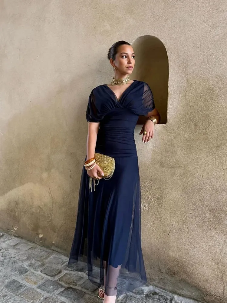 ผู้หญิงลึก V คอตาข่ายยาวชุดพัฟแขนสั้น Ruched เอวสูง Vestidos 2026 ฤดูร้อน Lady Casual street Robe — image 6