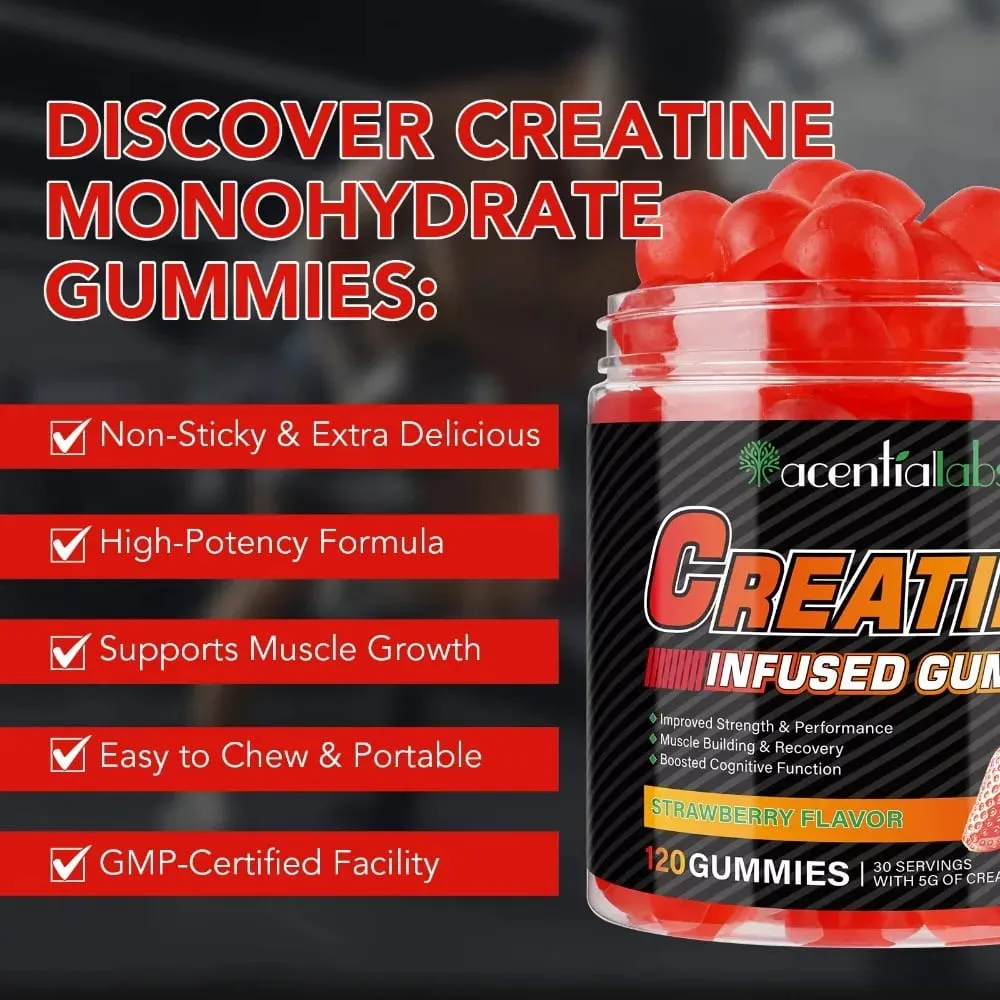Creatine Monohydrate Gummies 5000mg untuk Pemulihan Kekuatan Otot & Meningkatkan Tenaga Pra-Senaman Strawberi Vegan Tanpa Gula 120 Ct — image 7