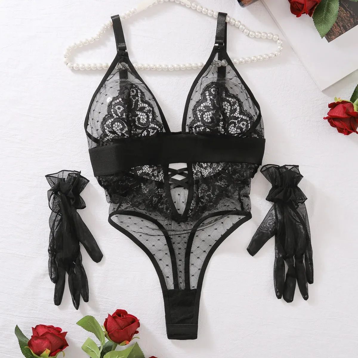 Pakaian Seksi Polka Dot Mesh Sulaman Bunga Sarung Tangan Renda Tanpa Belakang Suspender V Dalam Tanpa Lengan Pakaian Kasual Menawan LE4A