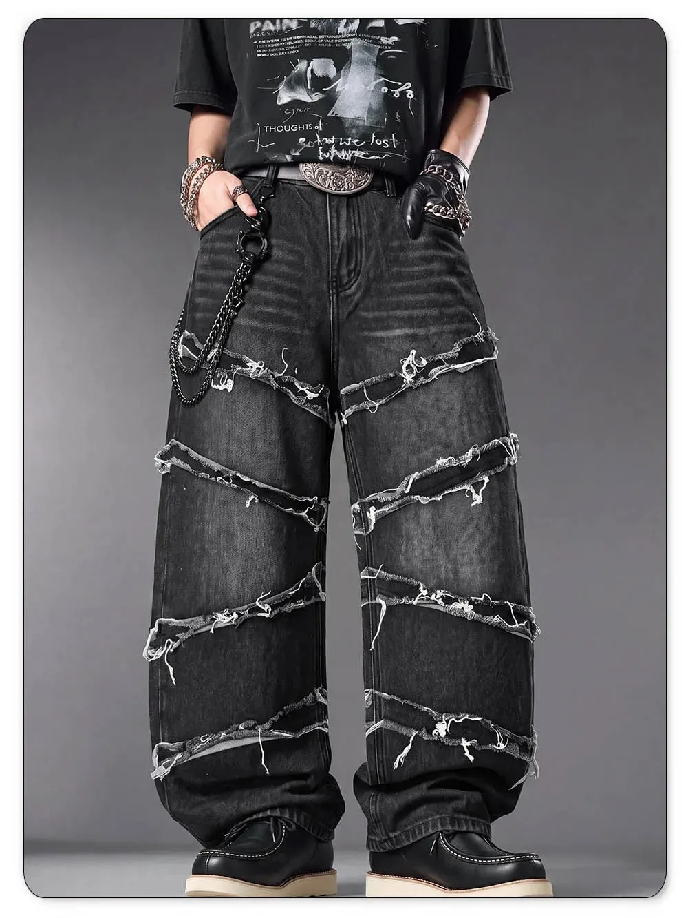 Gothic baggy jeans til mænd, rå flosset kant, dekonstrueret patchwork denimbukser med brede ben Y2K Punk Streetwear-bukser