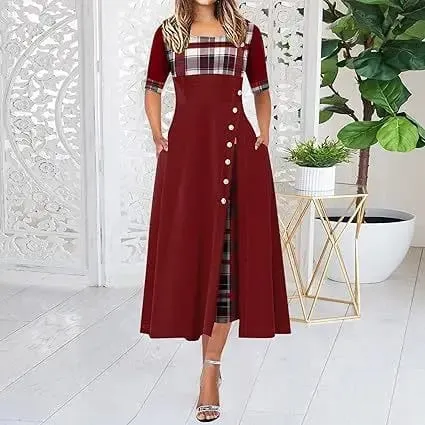ผู้หญิงไม่สม่ำเสมอ Lattice Patchwork ชุดเดรสยาวปุ่มวินเทจ O คอครึ่งแขน Casual Lady เดินทางชุดแฟชั่น — image 10