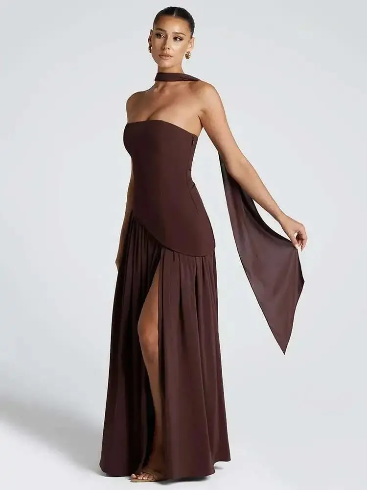 Elegante abito da donna estivo sexy senza spalline con spalle scoperte Abito patchwork con pieghe Sciarpa collo Abiti lunghi da sera con spacco alto — image 4