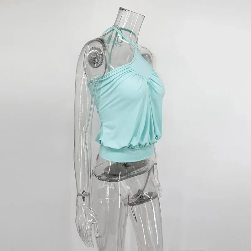 Typhaland Cross Neck-Mounted Camisole Damen Solide Sexy Rückenfreie Taille Cinching Plissee Stretch Casual Pendeln Weibliches Top