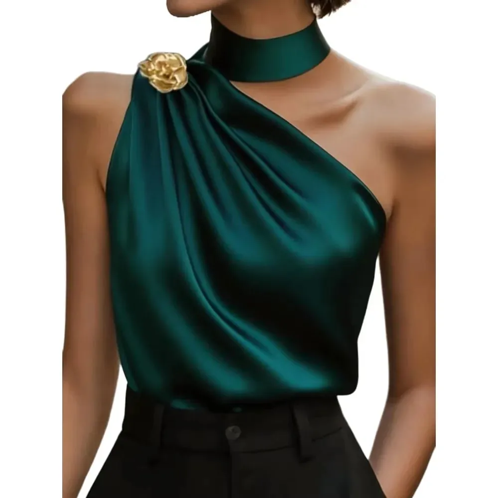 Schickes, schulterfreies, drapiertes, dunkelgrünes Neckholder-Bluse-Oberteil aus Satin für Party- und Bürofrauen