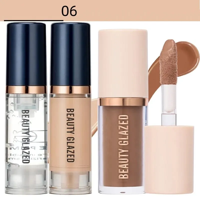 3 stk Ansigtsmakeup Sæt Flydende Foundation+Primer+ Liquid Contour Naturlig Vægtløs Langtidsholdbar Smudgeproof Bronzer