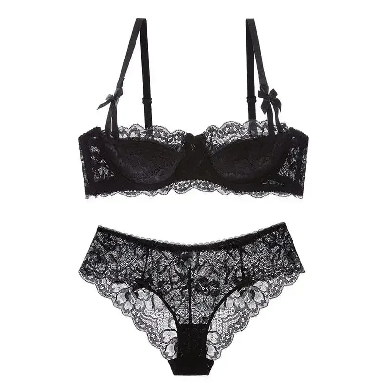 Set Bra Gadis Telinga Arnab Cup Pure Desire | Bra Tarik Atas dengan Bow | Bra renda Perancis bernafas | Malam Tarikh Cawan Anti-gelincir — image 2