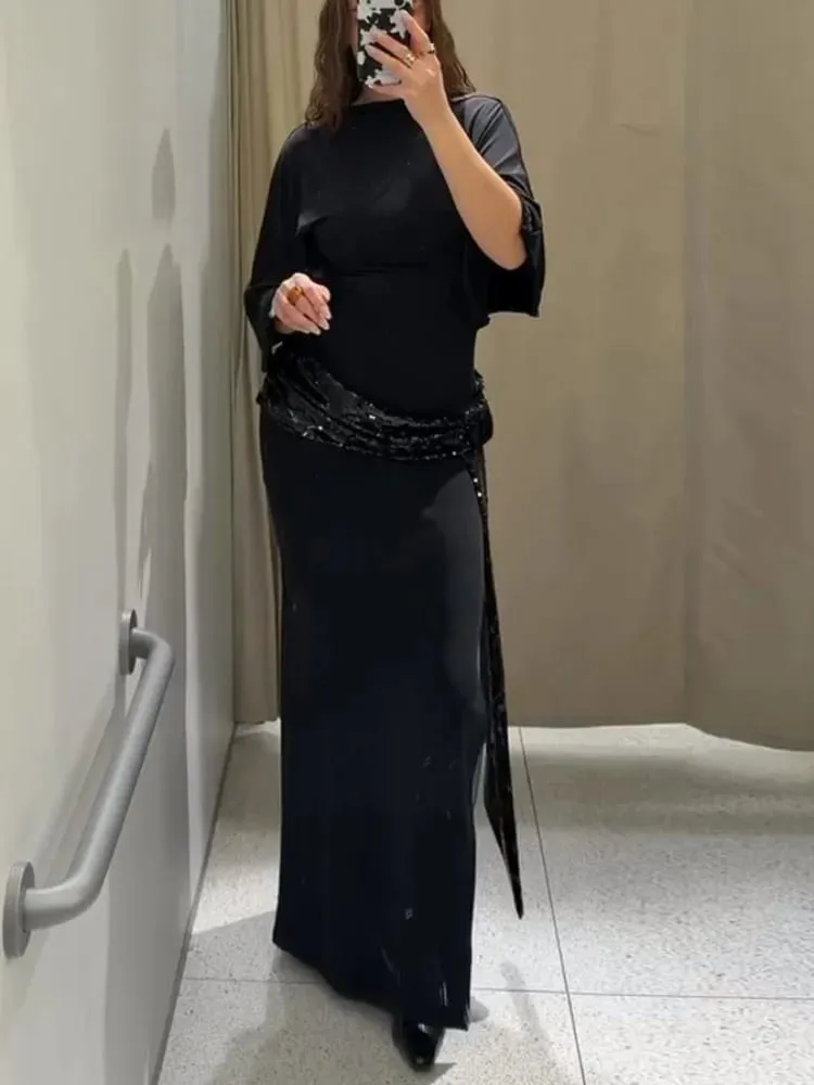 Paljett Patchwork Rygglös Klänning Kvinnor Elegant Solid Mellersta ärm Smal midja Smal långa Klänning Mode Kvällsfest Vestidos — image 1