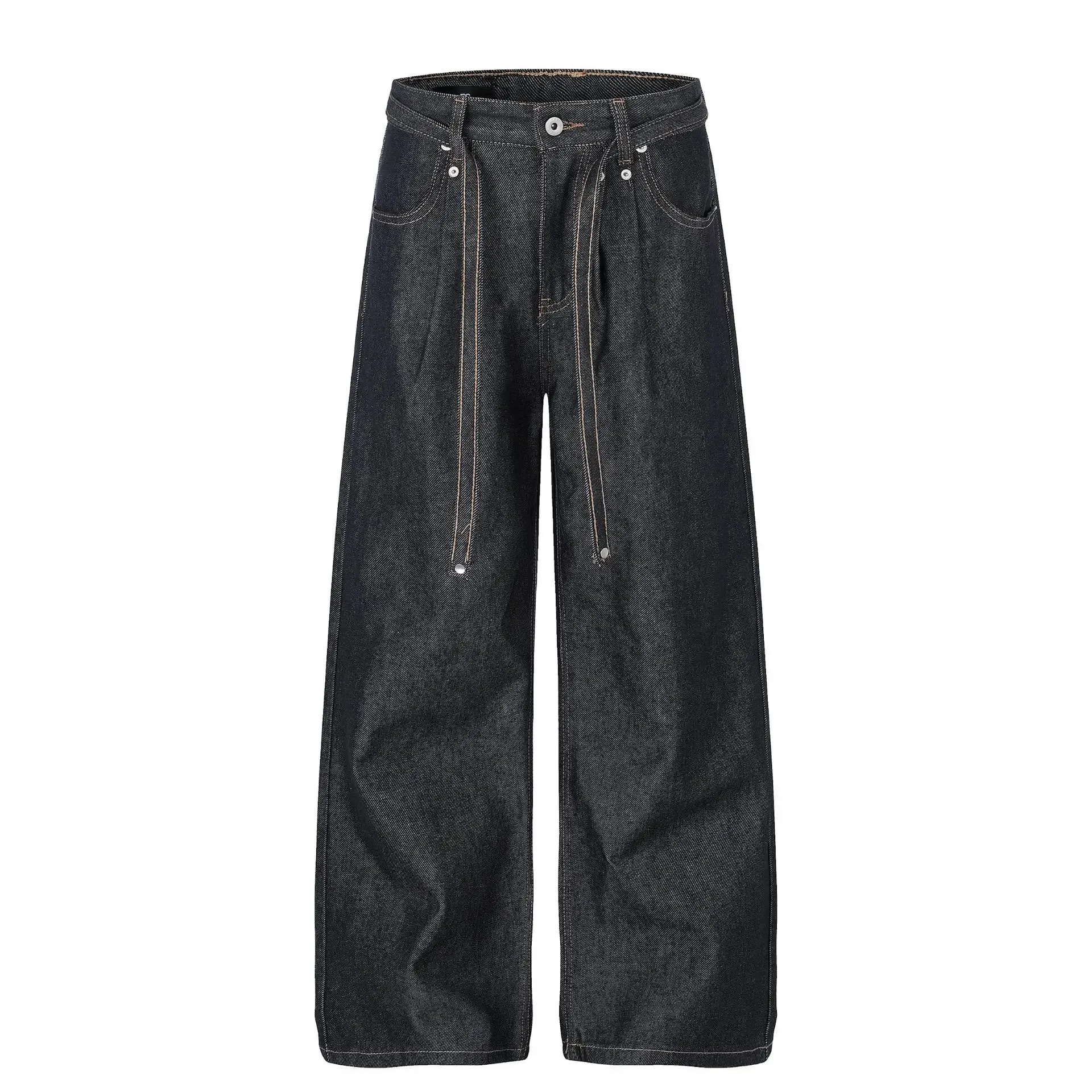 Jean délavé en détresse de style américain, ceinture à coutures visibles, pantalon en Denim unisexe, ample, jambes larges, jambes droites, 9X3768