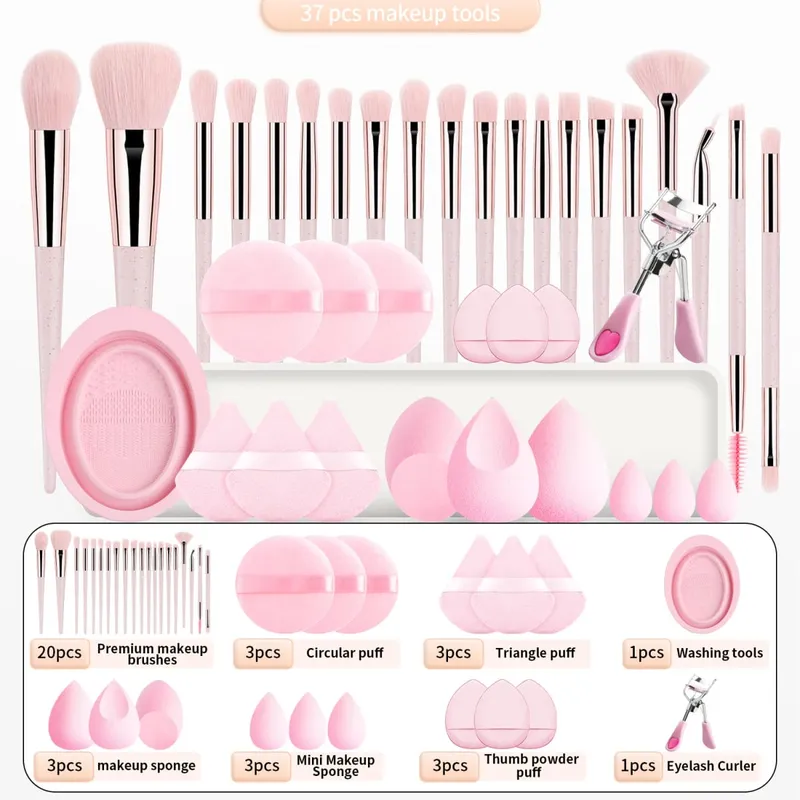 20 makeup brushes+3 round powder puffs+3 triangular powder puffs+3 beauty eggs+3 finger powder puffs+3 mini beauty eggs+1 washin — image 8