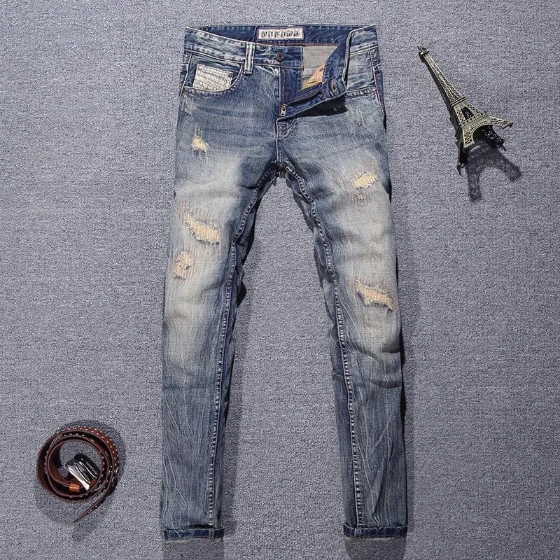 2023 Musim Bunga dan Musim Gugur Fesyen Klasik Baru Warna Pepejal Koyak Seluar Kaki Kecil Keselesaan Kasual Seluar Jeans Berkualiti Tinggi Elastik Lelaki — image 6