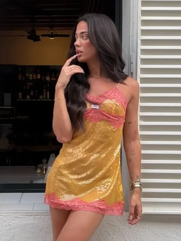 Sequined Lace Trim Slip Mini Dress Women Chic Spaghetti Strap Sleeveless High Waist Slim Short Dresses Lady Vacation Outfit New — image 9