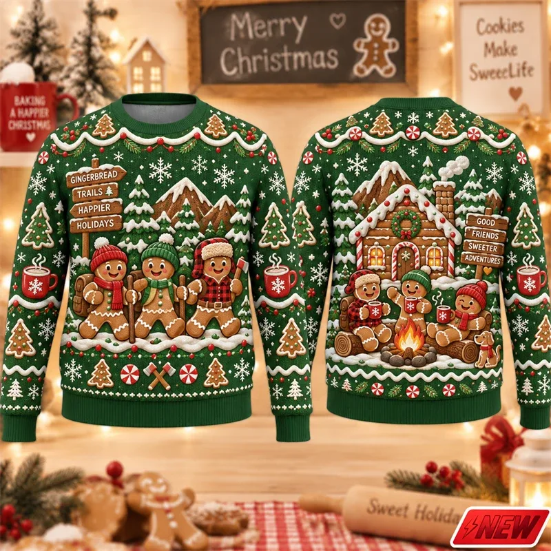 Christmas Ugly Sweater Men Holiday Gift Trendy 3D Print Funny Skateboarding Gingerbread Man House Pattern Pullover Unisex Hoodie — image 4