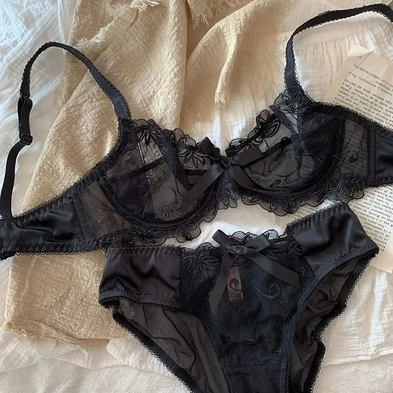 Bralet Tipis Tanpa Empuk untuk Payudara Kecil Ultra Nipis Bra Renda Boleh Laras Set Pakaian Dalam Halterneck Seksi untuk Wanita BANERDANNI — image 6
