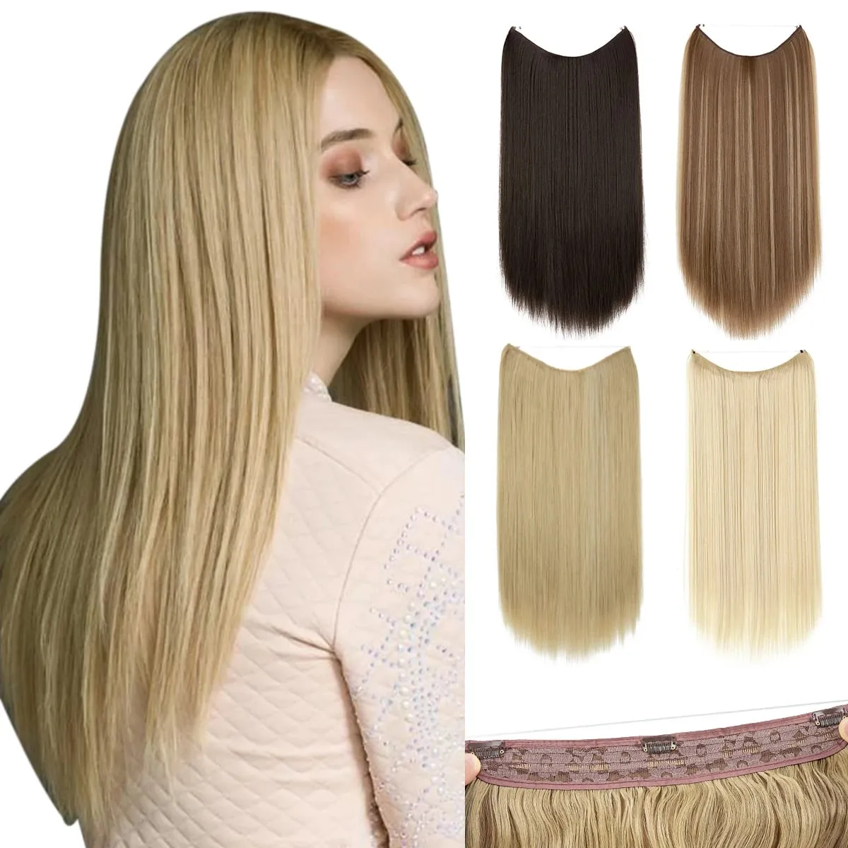 Estensioni per capelli con filo invisibile sintetico resistente al calore premium con clip Posticci Capelli lunghi lisci naturali finti per donna — image 2