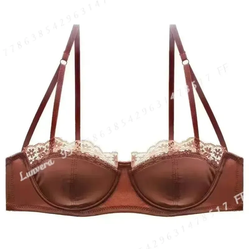 Conjunto de sutiã meia xícara de cetim sexy com anel de aço fino e confortável suporte superior borda de renda verde lingerie brilhante para mulheres — image 6