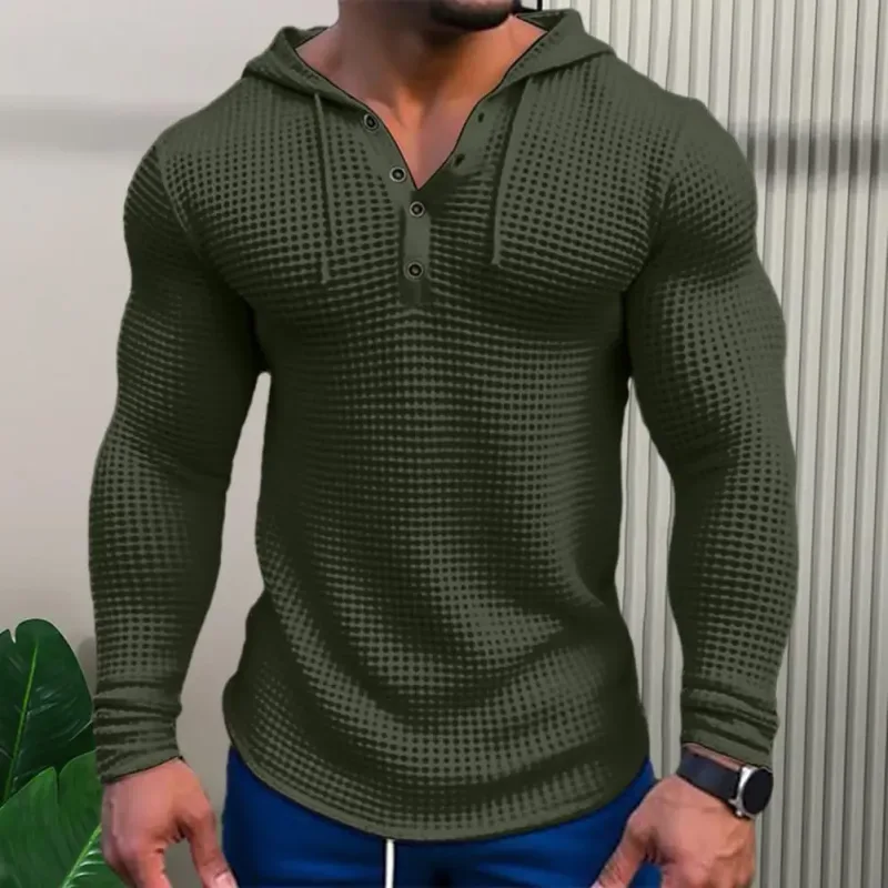 Spring Solid Color Slim Fit Long Sleeved T-shirt Men's Hooded Breathable Sports Top Waffle Cotton Casual Long Sleeved Shirt — image 2